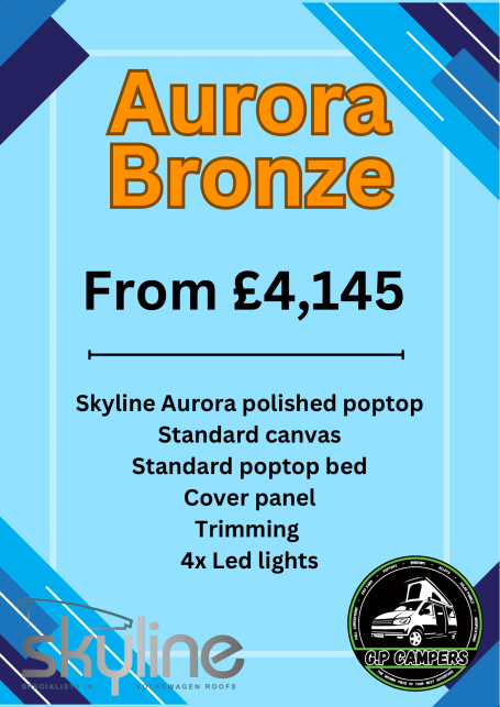 Promotional banner for the Aurora Bronze poptop, priced from £4,145, with features listed.
