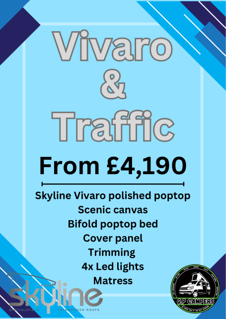 Promotional poster for Skyline Vivaro & Traffic, detailing prices and features.