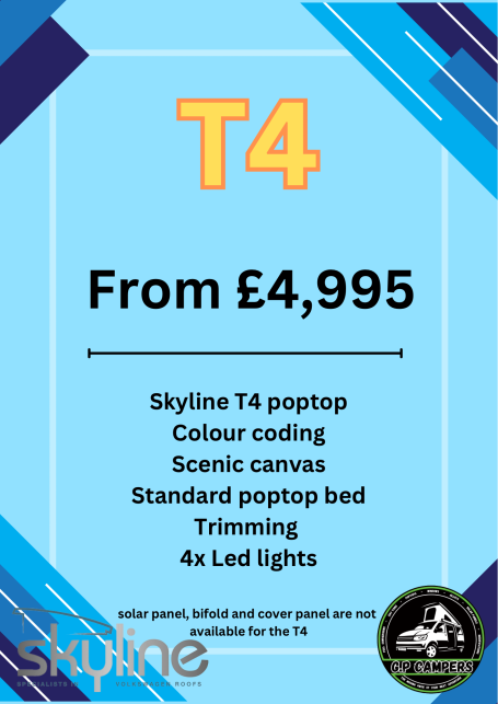 Advertising poster for Skyline T4 poptop camper, featuring pricing and specifications.