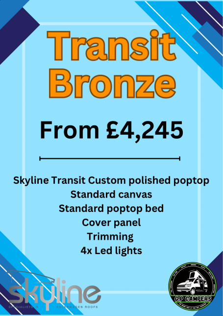 Promotional poster for Transit Bronze, detailing pricing and features of a custom poptop.
