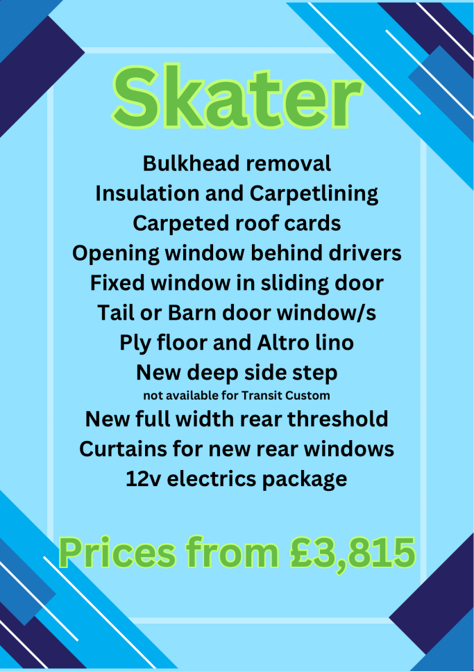 Blue poster listing services and prices for Skater, including bulkhead removal and window repairs.