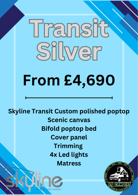Promotional flyer for Skyline Transit Silver camper van, starting from £4,690.