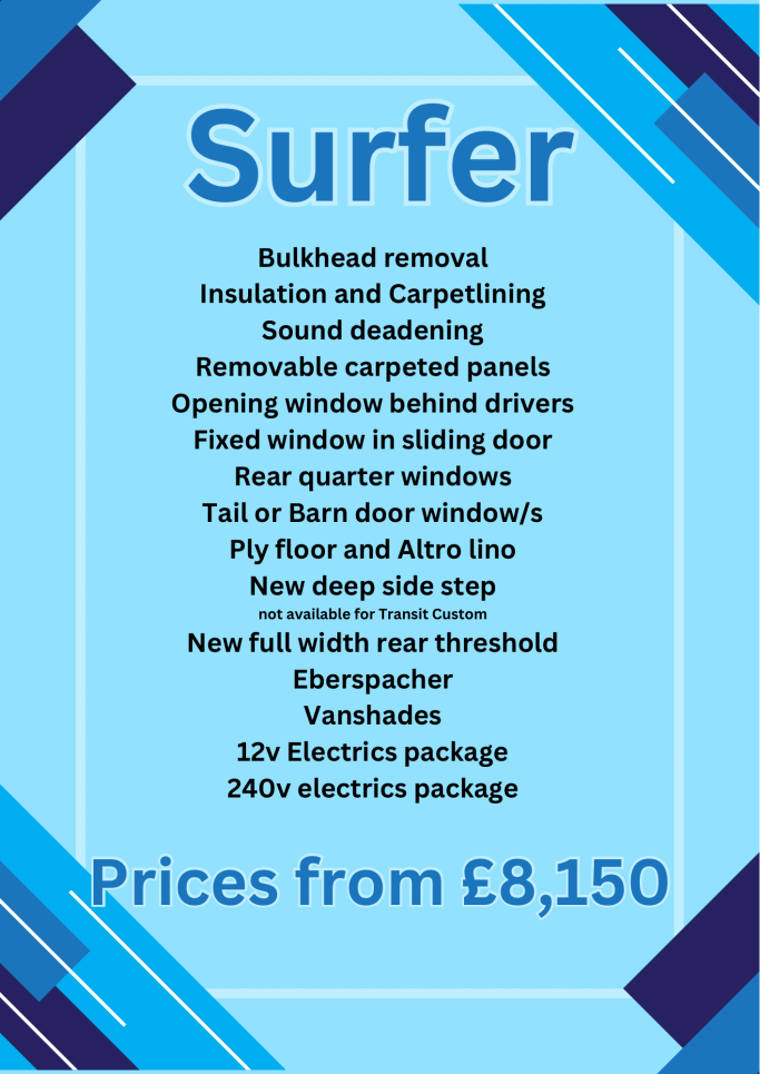 List of services and prices for a product named "Surfer," starting at £8,150.