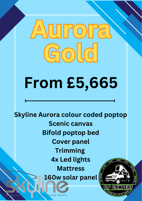 Promotional poster for "Aurora Gold" pop-up tent starting at £5,665, including features listed.